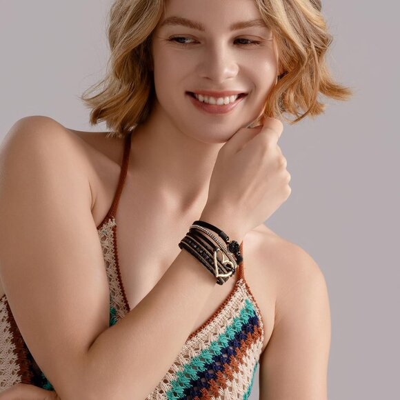 Leather Wrap Bracelet Faux Leather Boho Cuff Bangles Trendy Rhinestone - Picture 3 of 9